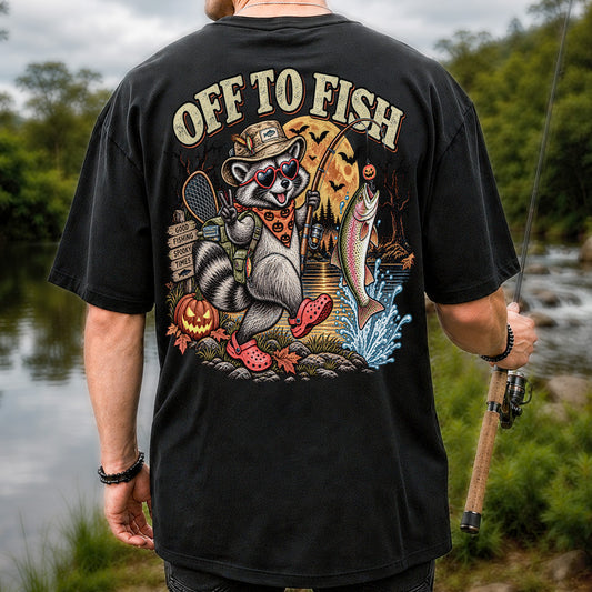 Off to Fish Raccoon and Trout Halloween T-Shirt - Good Fishing Spooky Times | Back Print