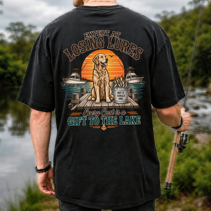 Expert at Losing Lures Golden Retriever Funny Fishing T-Shirt | Back Print
