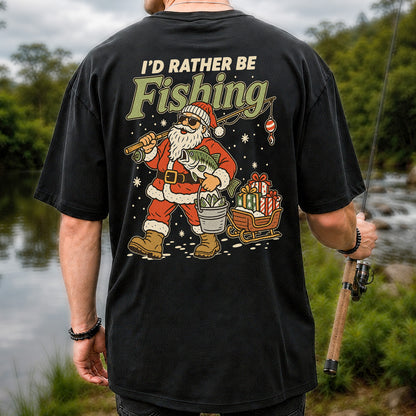 Santa Claus Fishing with Bass Christmas T-Shirt | Back Print