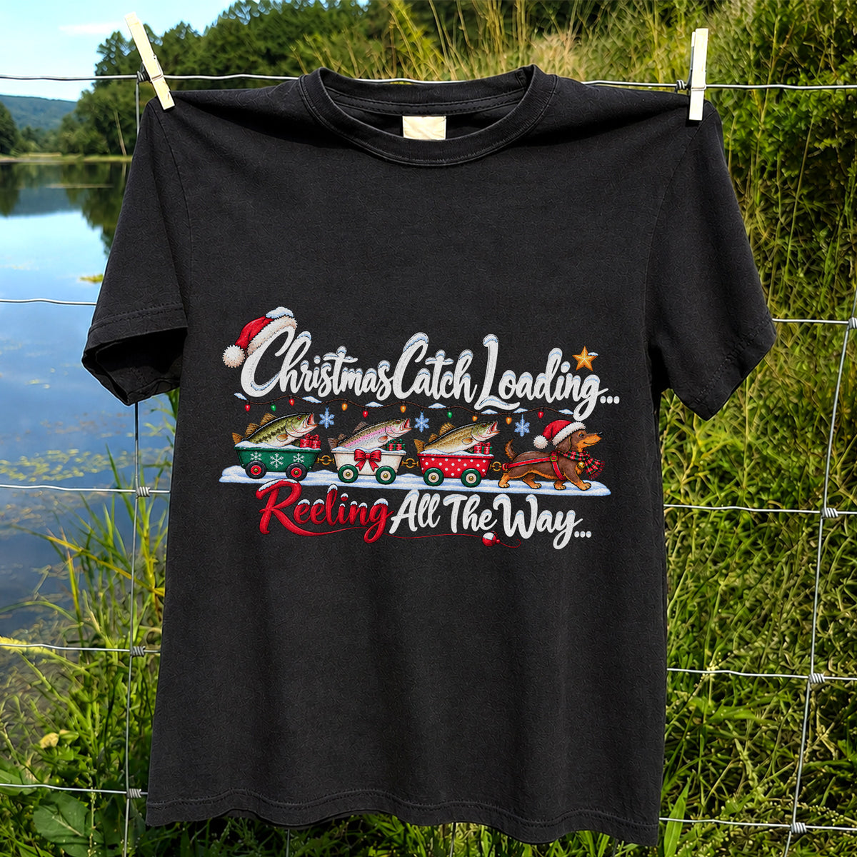 Christmas Fishing Train with Trout and Dog Graphic T-Shirt