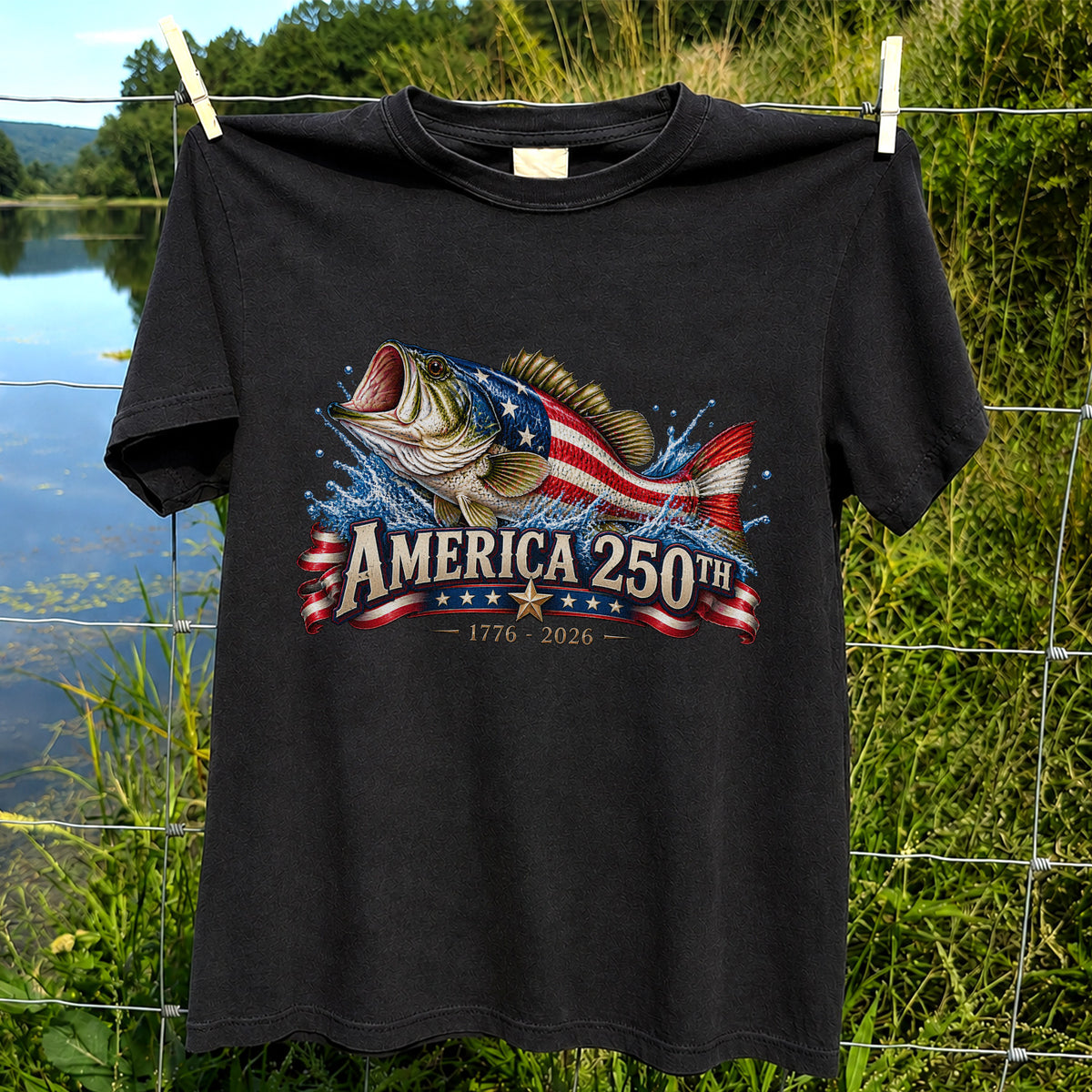 America 250th 1776–2026 American Flag Bass Fishing T-Shirt