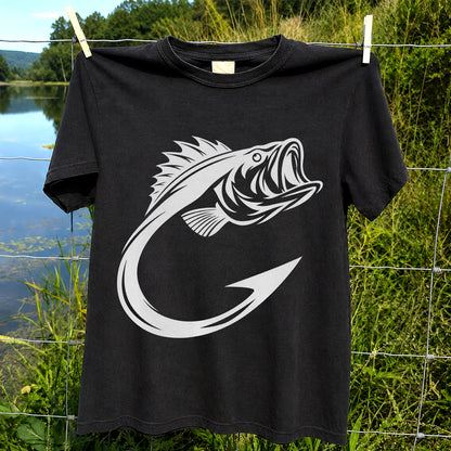 Bass Fish Hook Silhouette Fishing Graphic T-Shirt