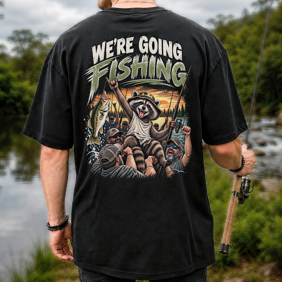 We're Going Fishing Raccoon Outdoor Fishing Graphic T-Shirt | Back Print