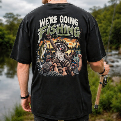We're Going Fishing Raccoon Outdoor Fishing Graphic T-Shirt | Back Print