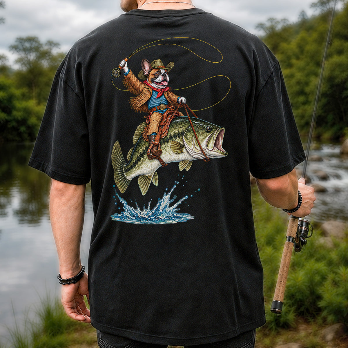 French Bulldog Cowboy Riding a Bass Fishing Graphic T-Shirt | Back Print