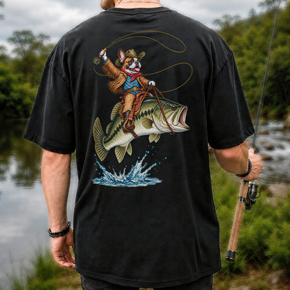 French Bulldog Cowboy Riding a Bass Fishing Graphic T-Shirt | Back Print