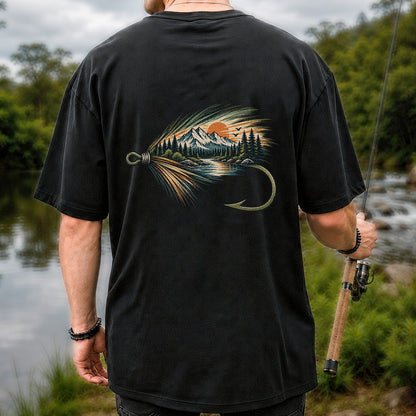 Mountain Lake Fly Fishing Hook Graphic T-Shirt | Back Print