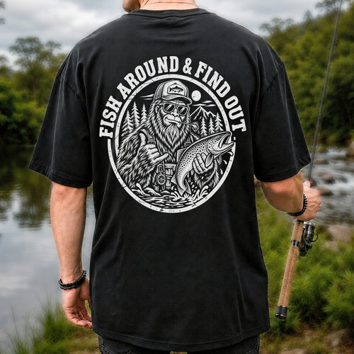 Fish Around & Find Out Bigfoot Trout Fishing Graphic T-Shirt | Back Print