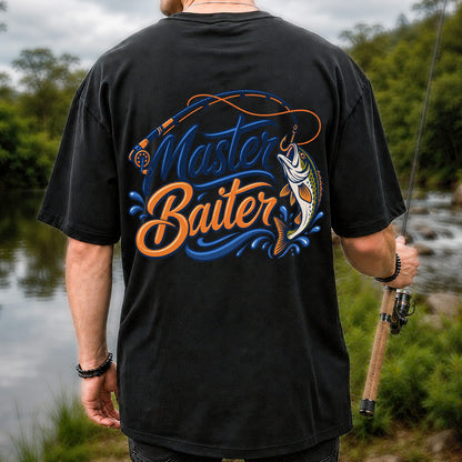 Master Baiter Funny Fishing Rod and Jumping Fish T-Shirt | Back Print