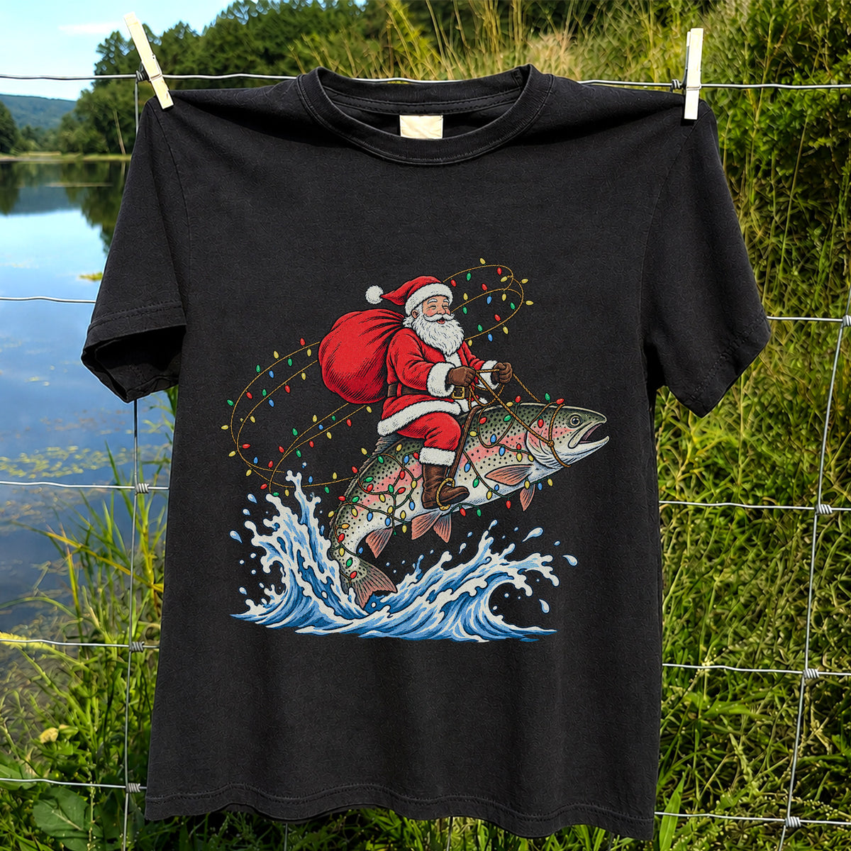 Santa Riding a Christmas-Lighted Rainbow Trout Fishing Graphic T-Shirt