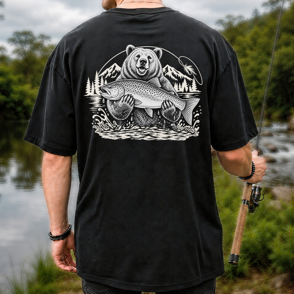 Bear Holding Trout in Mountain Lake Fishing Graphic T-Shirt | Back Print