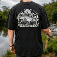 Bear Holding Trout in Mountain Lake Fishing Graphic T-Shirt | Back Print
