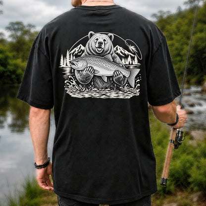 Bear Holding Trout in Mountain Lake Fishing Graphic T-Shirt | Back Print