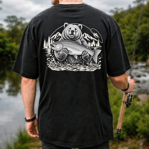 Bear Holding Trout in Mountain Lake Fishing Graphic T-Shirt | Back Print