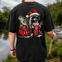 Santa Raccoon Sharing a Bass Christmas Fishing Graphic T-Shirt | Back Print