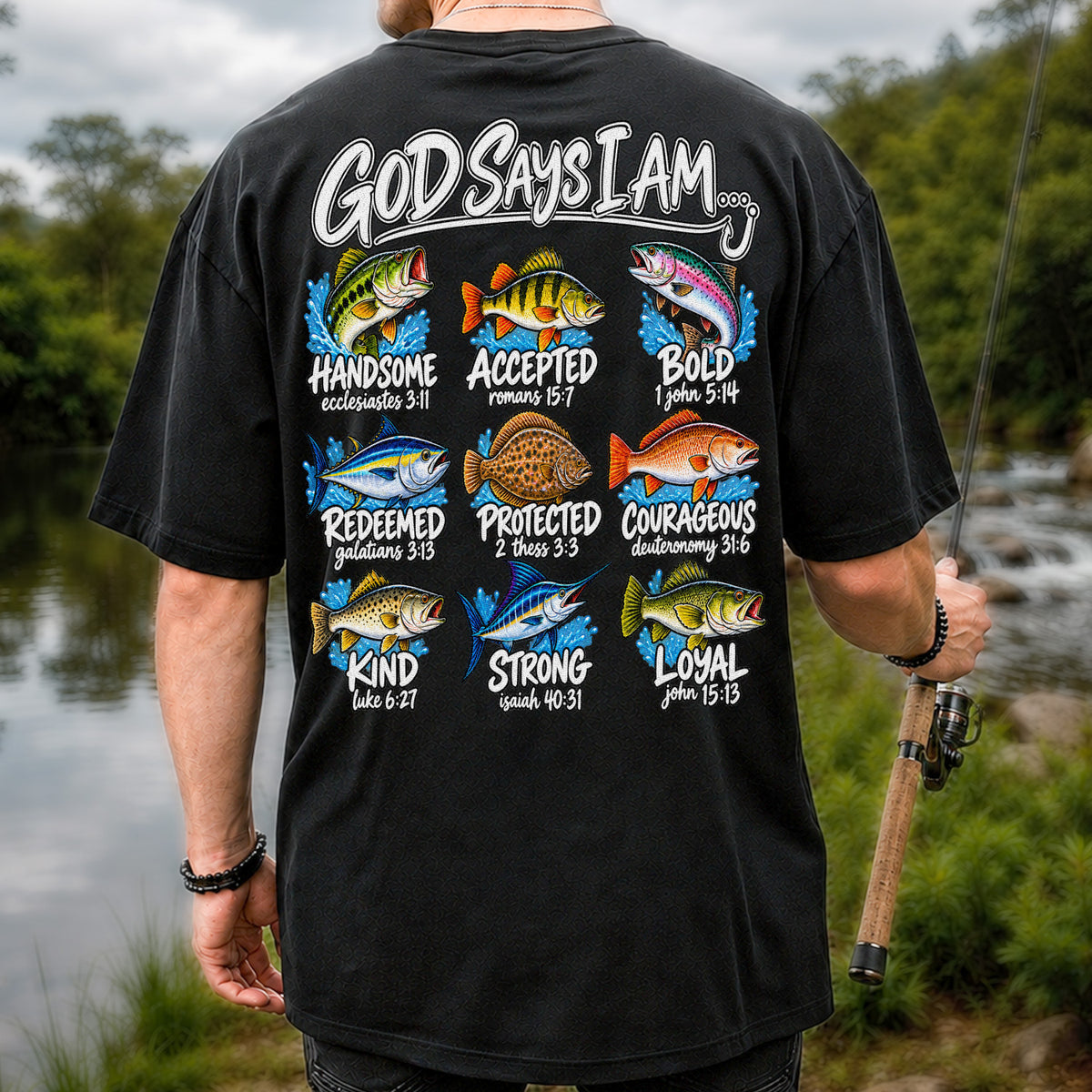 God Says I Am Christian Fish and Bible Verse Fishing Graphic T-Shirt | Back Print