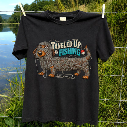 Tangled Up in Fishing Funny Dachshund Dog Graphic T-Shirt