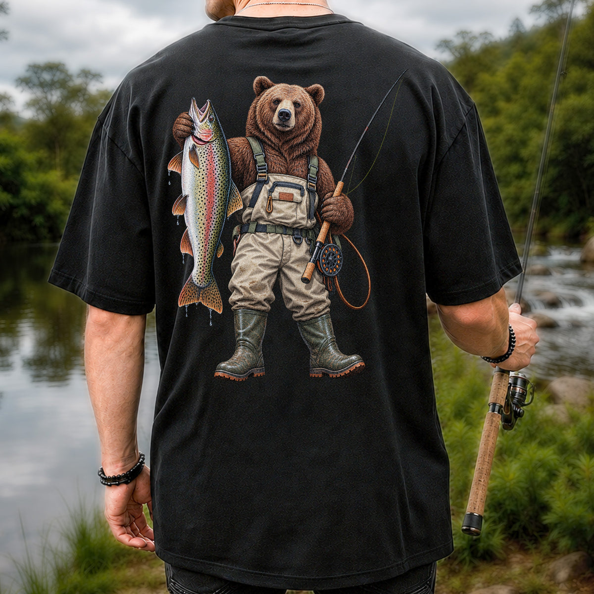 Bear Fishing with Rainbow Trout Outdoor Graphic T-Shirt | Back Print