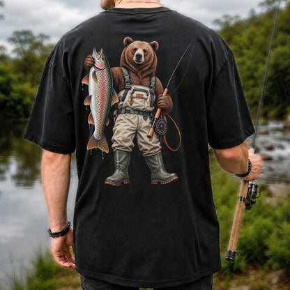 Bear Fishing with Rainbow Trout Outdoor Graphic T-Shirt | Back Print