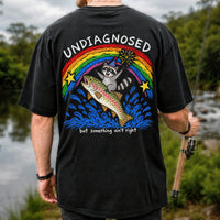 Undiagnosed But Something Ain't Right Raccoon Riding Trout T-Shirt | Back Print
