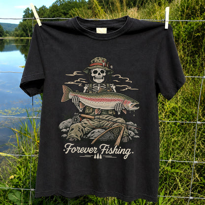Forever Fishing Skeleton Holding Rainbow Trout Graphic T-Shirt