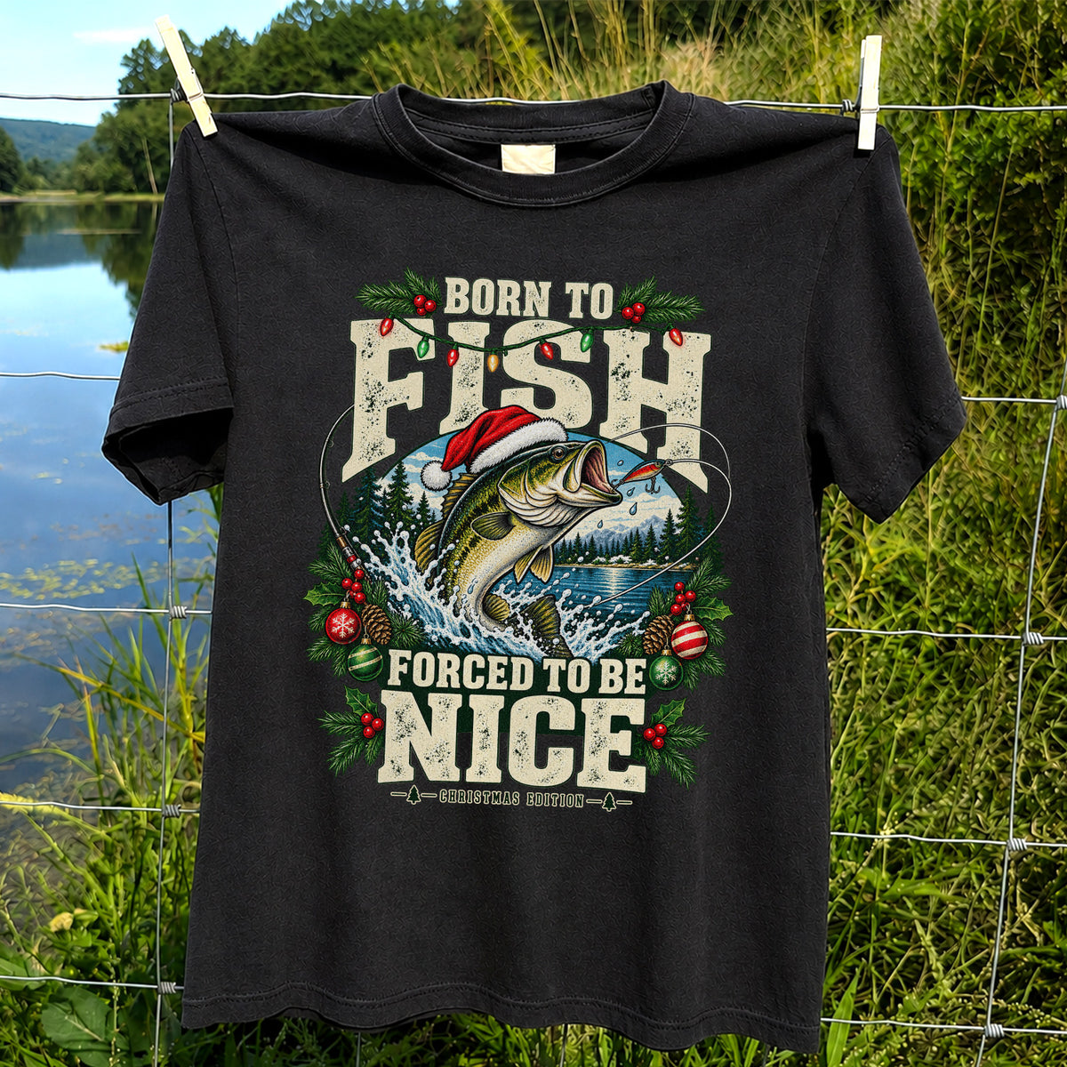 Born to Fish Forced to Be Nice Christmas Bass T-Shirt