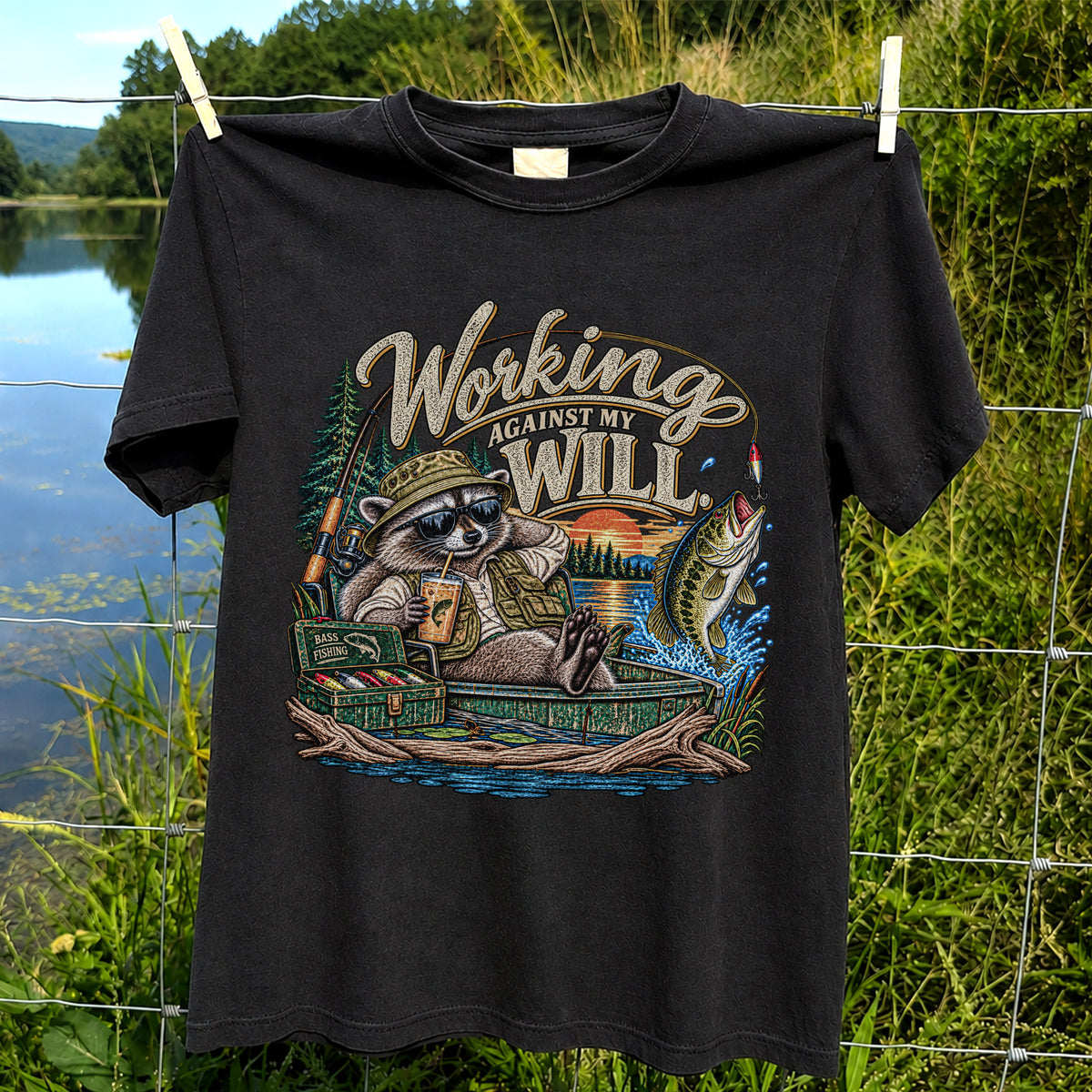 Working Against My Will Raccoon Bass Fishing T-Shirt