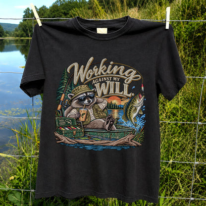 Working Against My Will Raccoon Bass Fishing T-Shirt