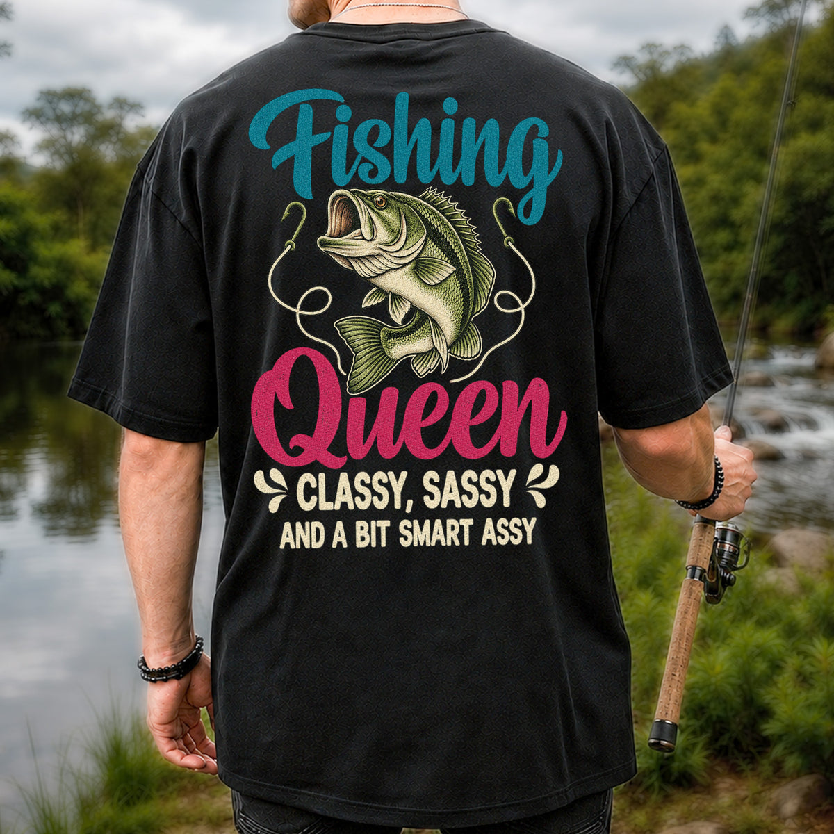 Fishing Queen Bass Funny Fishing Graphic T-Shirt | Back Print