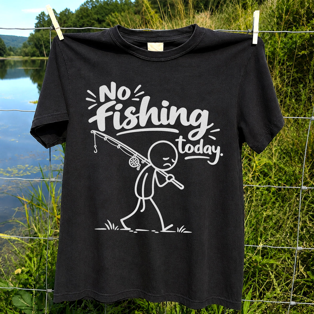 No Fishing Today Sad Stick Figure Angler Funny Graphic T-Shirt