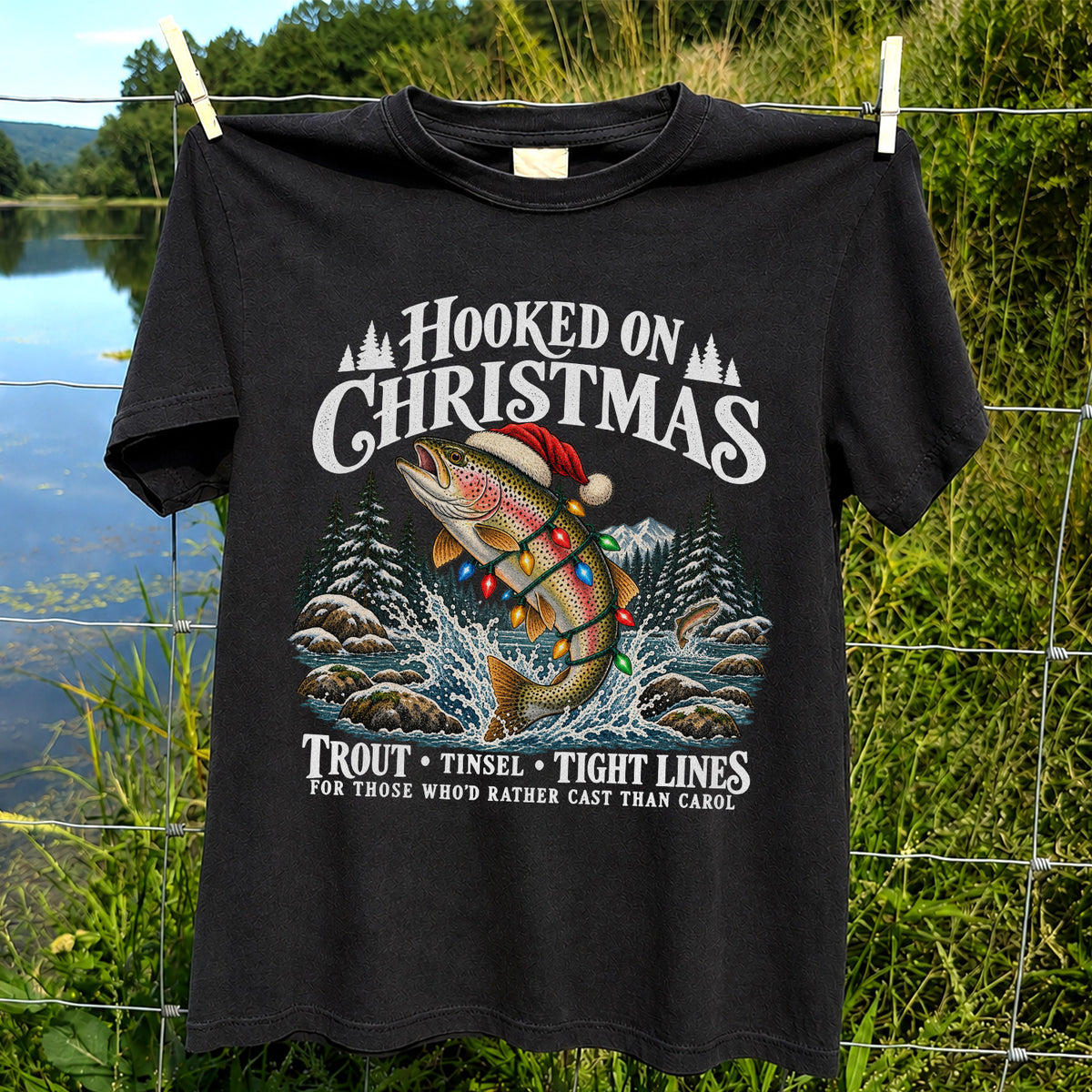 Hooked on Christmas Rainbow Trout Fishing Graphic T-Shirt