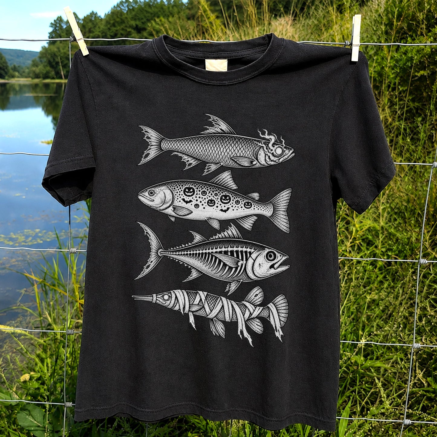 Halloween Zombie Pumpkin Skeleton and Mummy Fish Graphic T-Shirt