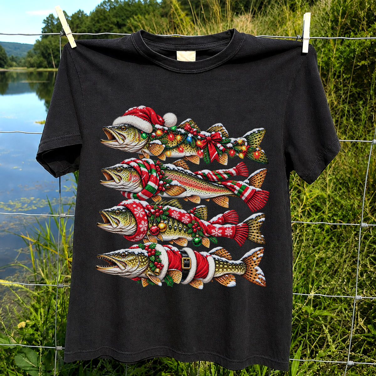 Christmas Trout Fishing Holiday Graphic T-Shirt