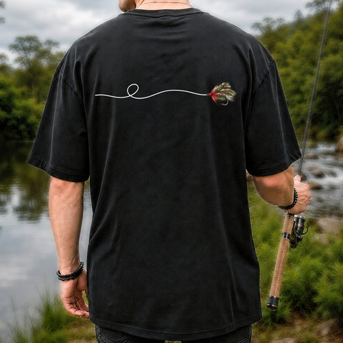 Festive Fly Fishing Lure and Line Graphic T-Shirt | Back Print