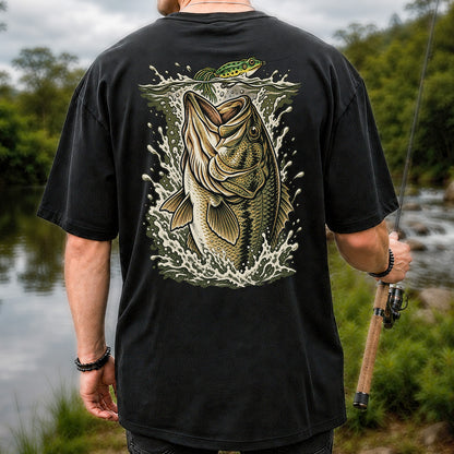 Largemouth Bass Striking a Frog Lure Fishing Graphic T-Shirt | Back Print