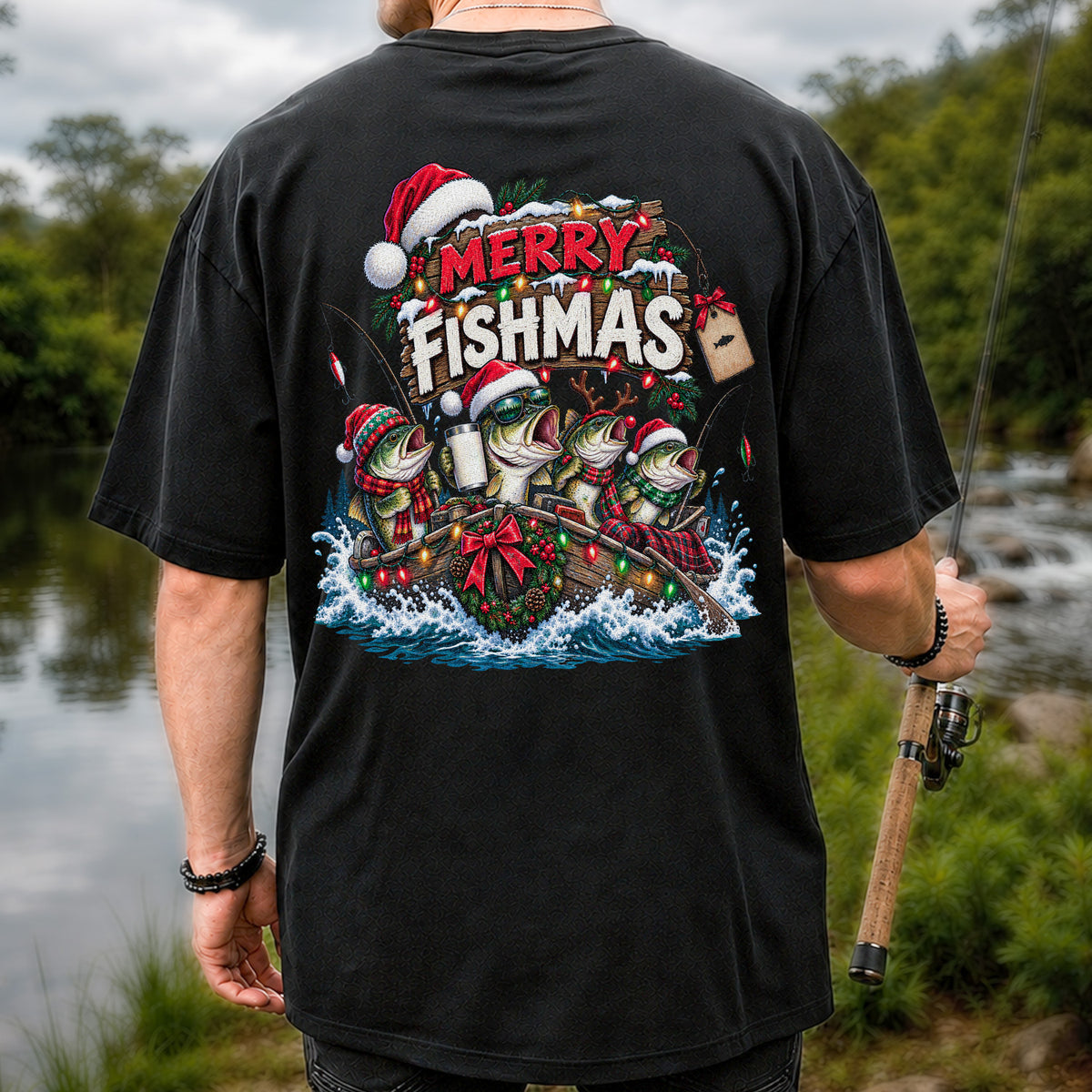 Merry Fishmas Christmas Bass in a Fishing Boat Graphic T-Shirt | Back Print