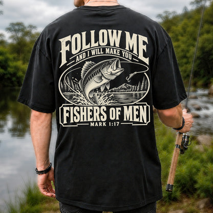 Follow Me Fishers of Men Christian Bass Fishing Graphic T-Shirt | Back Print
