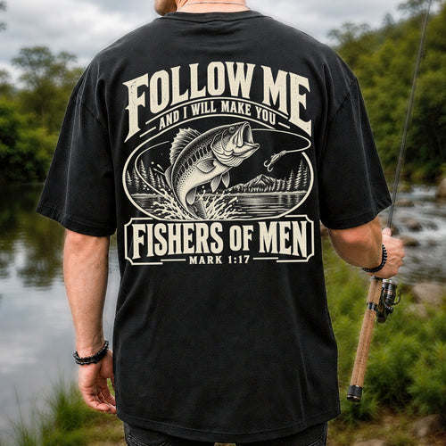 Follow Me Fishers of Men Christian Bass Fishing Graphic T-Shirt | Back Print