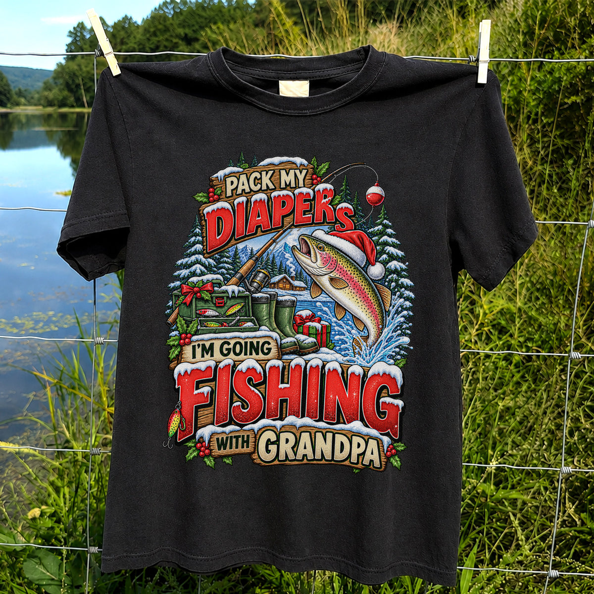 Pack My Diapers I'm Going Fishing With Grandpa Christmas Rainbow Trout T-Shirt