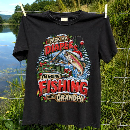 Pack My Diapers I'm Going Fishing With Grandpa Christmas Rainbow Trout T-Shirt