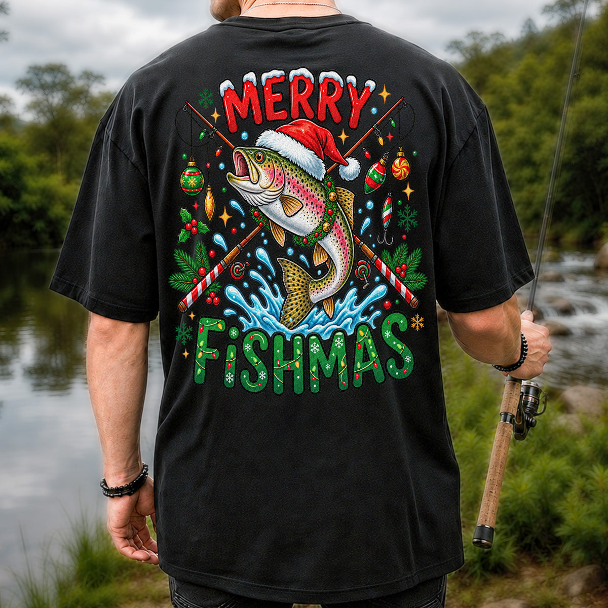 Merry Fishmas Santa Trout Christmas Fishing Graphic T-Shirt | Back Print