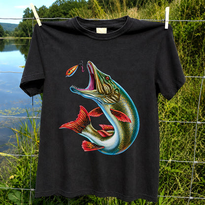 Northern Pike Chasing Fishing Lure Graphic T-Shirt