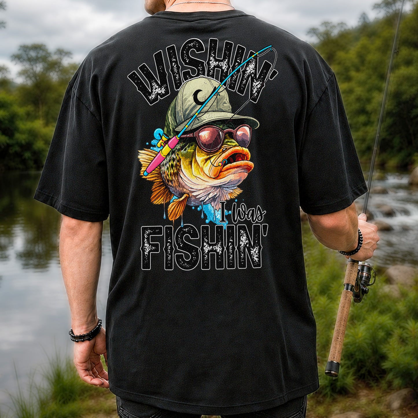 Wishin' I Was Fishin' Bass in a Hat and Sunglasses Funny Fishing T-Shirt | Back Print