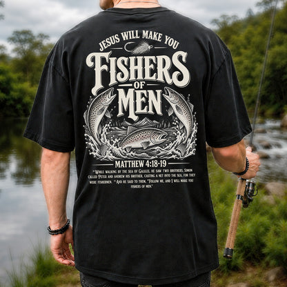 Jesus Will Make You Fishers of Men Matthew 4:18-19 Trout Fishing T-Shirt | Back Print