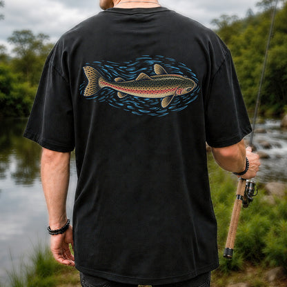 Rainbow Trout River Fishing Graphic T-Shirt | Back Print