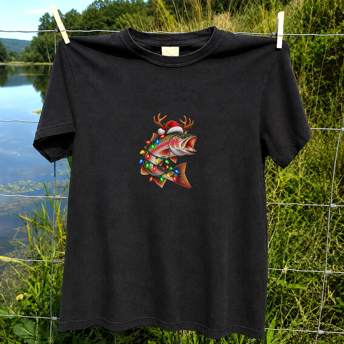 Christmas Rainbow Trout with Santa Hat, Antlers and Holiday Lights Fishing T-Shirt