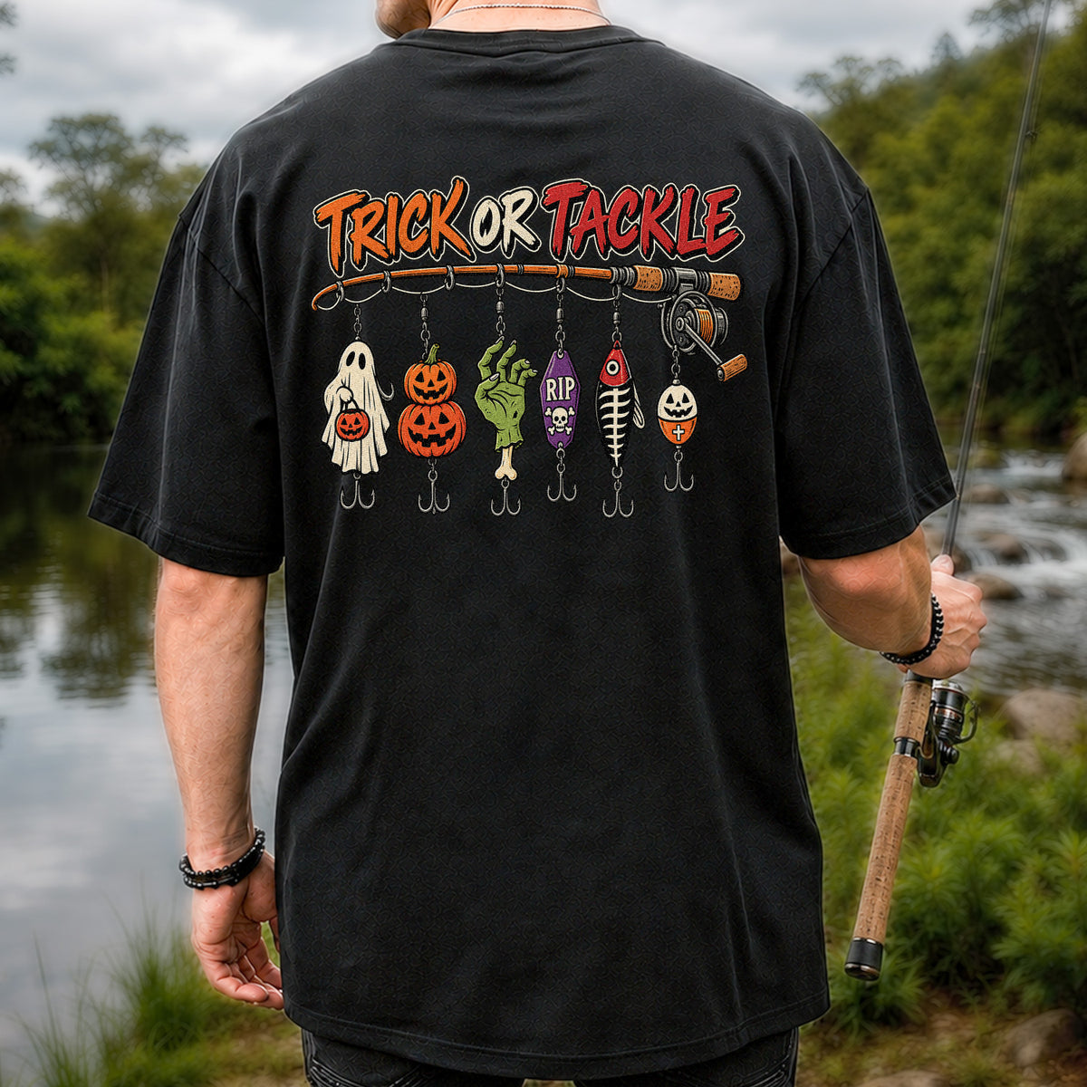 Trick or Tackle Halloween Ghost and Pumpkin Fishing Lures T-Shirt | Back Print