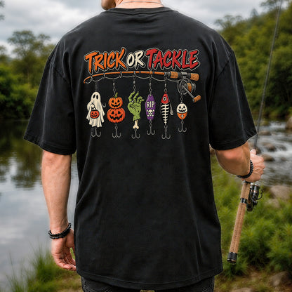 Trick or Tackle Halloween Ghost and Pumpkin Fishing Lures T-Shirt | Back Print