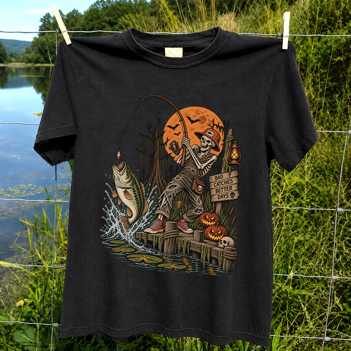 Bad Catches Better Days Skeleton and Bass Halloween Fishing T-Shirt