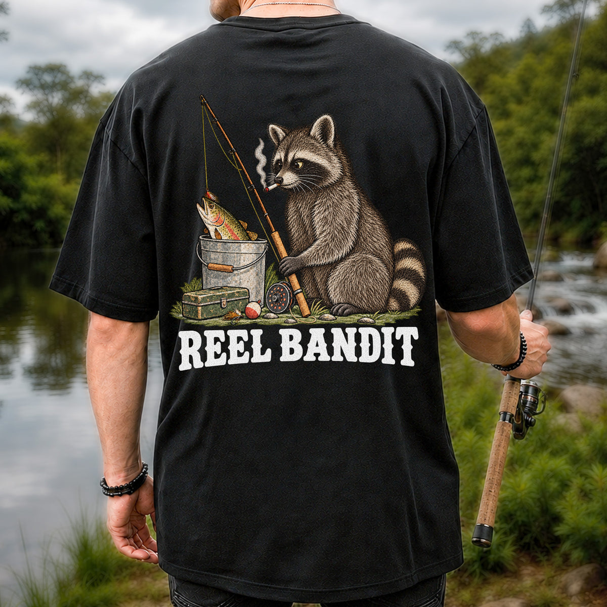 Reel Bandit Smoking Raccoon with Fishing Rod Funny T-Shirt | Back Print